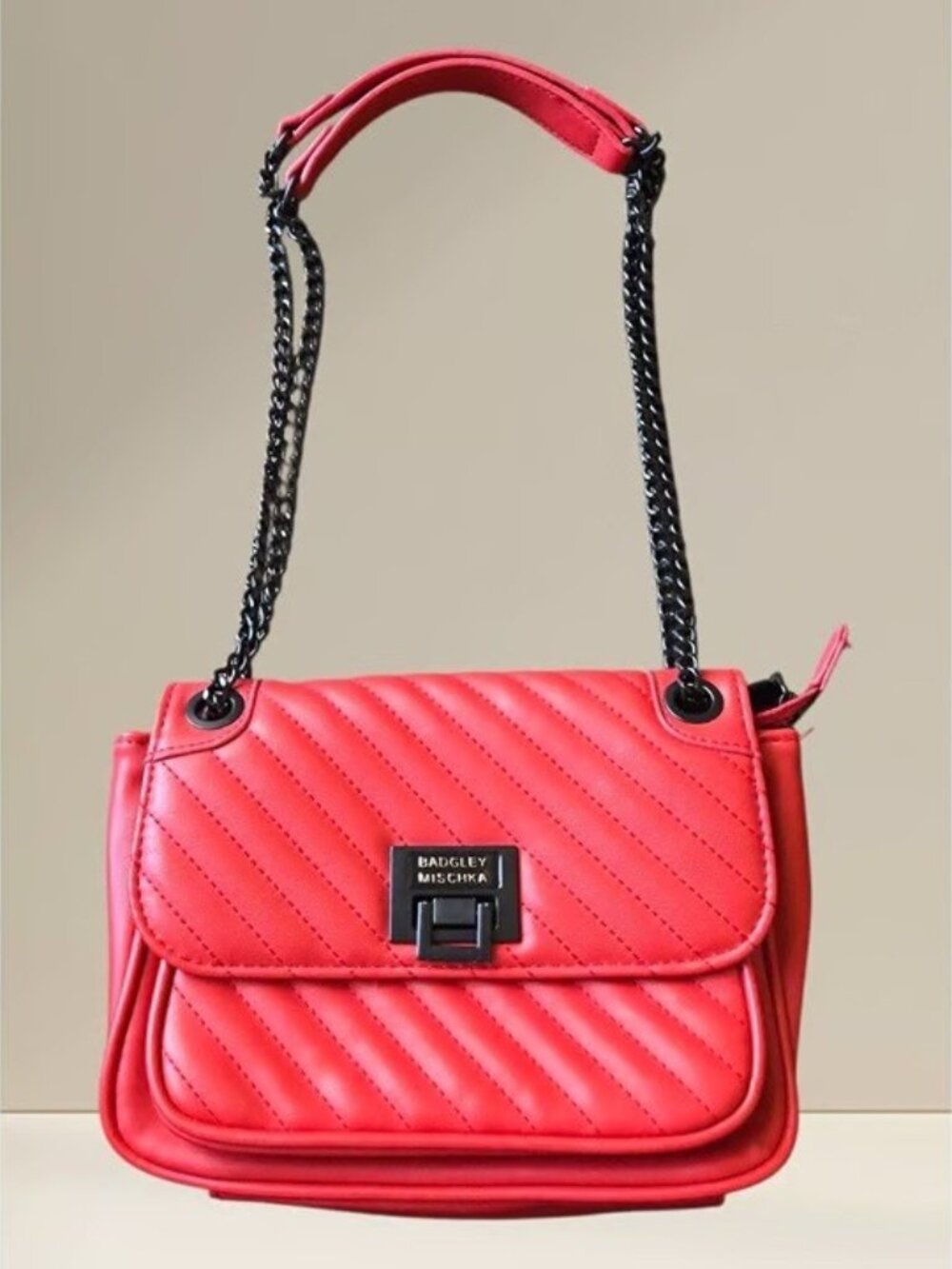 Badgley Mischka Crossbody Bag Red Quilted Vegan Leather Purse Lock Front
